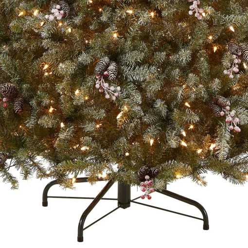 Fashion National Tree Company Pre-Lit Artificial Full Christmas Tree, Green, Dunhill Fir, White Lights, Decorated With Pine Cones, Berry Clusters, Frosted Branches, Includes Stand, 7 Feet