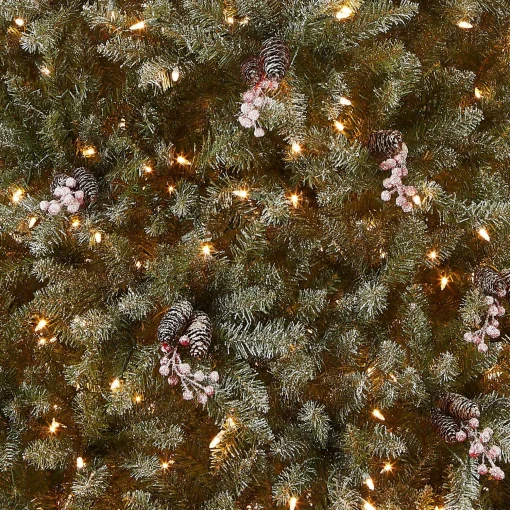 Fashion National Tree Company Pre-Lit Artificial Full Christmas Tree, Green, Dunhill Fir, White Lights, Decorated With Pine Cones, Berry Clusters, Frosted Branches, Includes Stand, 7 Feet