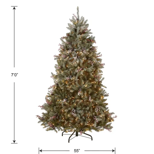 Fashion National Tree Company Pre-Lit Artificial Full Christmas Tree, Green, Dunhill Fir, White Lights, Decorated With Pine Cones, Berry Clusters, Frosted Branches, Includes Stand, 7 Feet