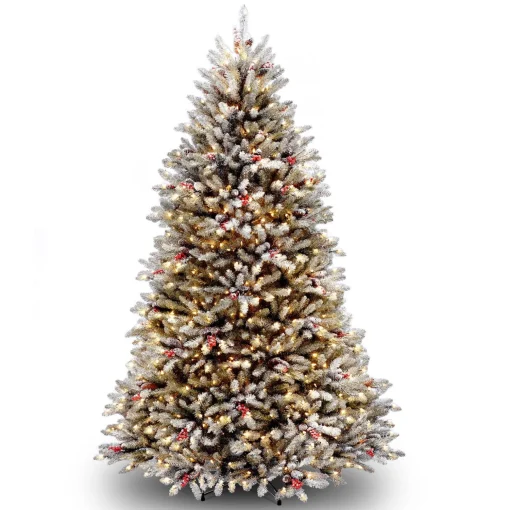 Fashion National Tree Company Pre-Lit Artificial Full Christmas Tree, Green, Dunhill Fir, White Lights, Decorated With Pine Cones, Berry Clusters, Frosted Branches, Includes Stand, 7 Feet