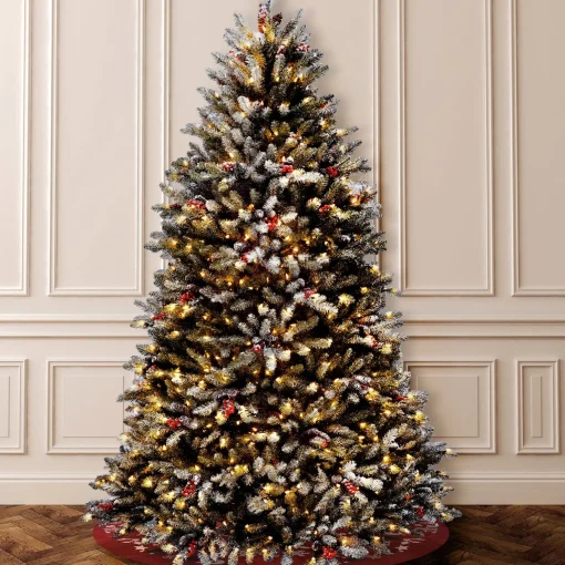 Fashion National Tree Company Pre-Lit Artificial Full Christmas Tree, Green, Dunhill Fir, White Lights, Decorated With Pine Cones, Berry Clusters, Frosted Branches, Includes Stand, 7 Feet