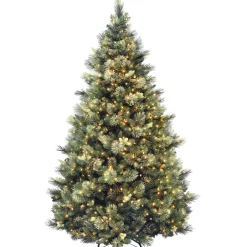 Fashion National Tree Company Pre-Lit Artificial Full Christmas Tree, Green, Carolina Pine, White Lights, Flocked With Pine Cones, Includes Stand, 7.5 Feet