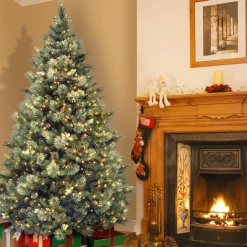 Fashion National Tree Company Pre-Lit Artificial Full Christmas Tree, Green, Carolina Pine, White Lights, Flocked With Pine Cones, Includes Stand, 7.5 Feet