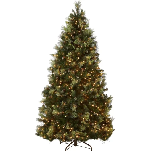 Fashion National Tree Company Pre-Lit Artificial Full Christmas Tree, Green, Carolina Pine, White Lights, Flocked With Pine Cones, Includes Stand, 7.5 Feet