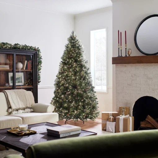 Fashion National Tree Company Pre-Lit Artificial Full Christmas Tree, Green, Carolina Pine, White Lights, Flocked With Pine Cones, Includes Stand, 7.5 Feet