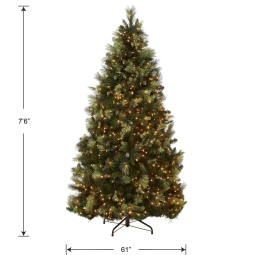 Fashion National Tree Company Pre-Lit Artificial Full Christmas Tree, Green, Carolina Pine, White Lights, Flocked With Pine Cones, Includes Stand, 7.5 Feet