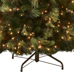 Fashion National Tree Company Pre-Lit Artificial Full Christmas Tree, Green, Carolina Pine, White Lights, Flocked With Pine Cones, Includes Stand, 7.5 Feet