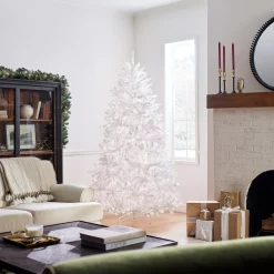 New National Tree Company Pre-Lit Artificial Full Christmas Tree, White, Dunhill Fir, White Lights, Includes Stand, 7 Feet