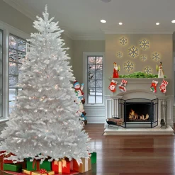 New National Tree Company Pre-Lit Artificial Full Christmas Tree, White, Dunhill Fir, White Lights, Includes Stand, 7 Feet