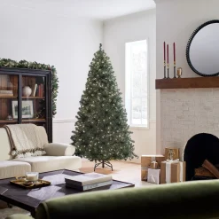 New National Tree Company Pre-Lit Artificial Full Christmas Tree, Blue, North Valley Spruce, White Lights, Includes Stand, 7.5 Feet