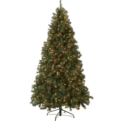New National Tree Company Pre-Lit Artificial Full Christmas Tree, Blue, North Valley Spruce, White Lights, Includes Stand, 7.5 Feet
