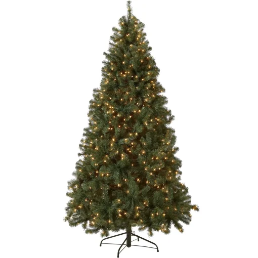 New National Tree Company Pre-Lit Artificial Full Christmas Tree, Blue, North Valley Spruce, White Lights, Includes Stand, 7.5 Feet