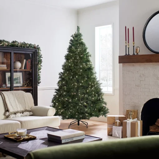 New National Tree Company Pre-Lit Artificial Full Christmas Tree, Green, Winchester Pine, White Lights, Includes Stand, 7.5 Feet