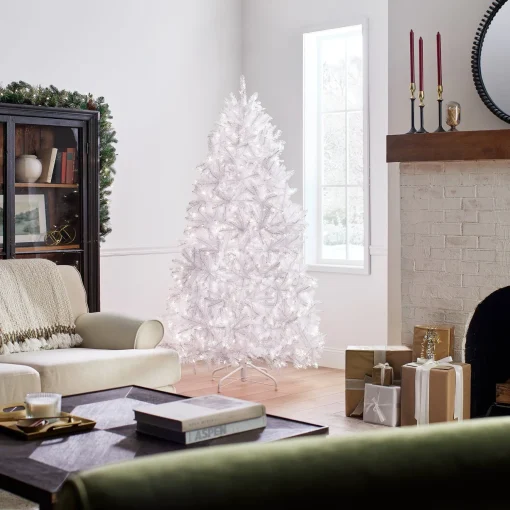 Shop National Tree Company Pre-Lit Artificial Full Christmas Tree, White, Dunhill Fir, White Lights, Includes Stand, 6.5 Feet
