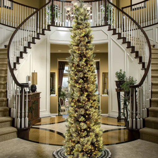Online National Tree Company Pre-Lit Artificial Giant Slim Christmas Tree, Green, Carolina Pine, White Lights, Flocked With Pine Cones, Includes Stand, 12 Feet