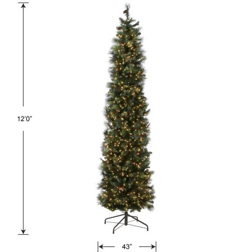 Online National Tree Company Pre-Lit Artificial Giant Slim Christmas Tree, Green, Carolina Pine, White Lights, Flocked With Pine Cones, Includes Stand, 12 Feet
