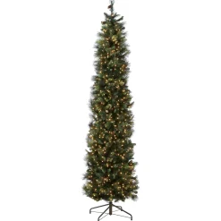 Online National Tree Company Pre-Lit Artificial Giant Slim Christmas Tree, Green, Carolina Pine, White Lights, Flocked With Pine Cones, Includes Stand, 12 Feet