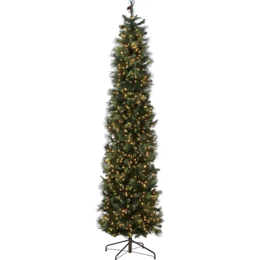 Online National Tree Company Pre-Lit Artificial Giant Slim Christmas Tree, Green, Carolina Pine, White Lights, Flocked With Pine Cones, Includes Stand, 12 Feet