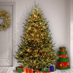 Pre-Lit Artificial Medium Christmas Tree, Green, Natural Fraser Fir, White Lights, Includes Stand, 9 Feet^National Tree Company Cheap