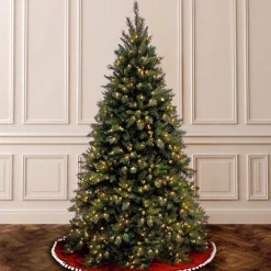 Store National Tree Company Pre-Lit Artificial Medium Christmas Tree, Green, Tiffany Fir, White Lights, Includes Stand, 9 Feet