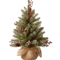Hot National Tree Company Pre-Lit Artificial Mini Christmas Tree, Green, Dunhill Fir, White Lights, Decorated With Pine Cones, Berry Clusters, Frosted Branches, Includes Cloth Bag Base, 2 Feet