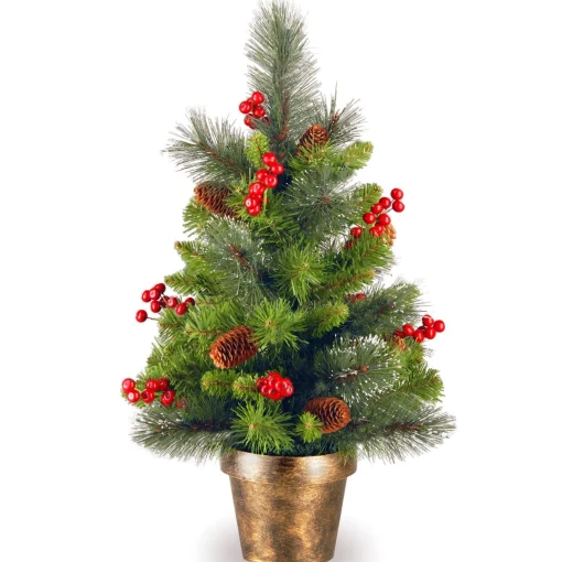 Online National Tree Company Pre-Lit Artificial Mini Christmas Tree, Green, Crestwood Spruce, White Lights, Decorated With Pine Cones, Berry Clusters, Frosted Branches, Includes Pot Base, 2 Feet