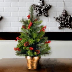 Online National Tree Company Pre-Lit Artificial Mini Christmas Tree, Green, Crestwood Spruce, White Lights, Decorated With Pine Cones, Berry Clusters, Frosted Branches, Includes Pot Base, 2 Feet