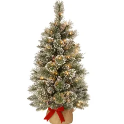 Clearance National Tree Company Pre-Lit Artificial Mini Christmas Tree, Green, Glittery Bristle Pine, White Led Lights, Flocked With Pine Cones, Frosted Branches, Includes Cloth Bag Base, 3 Feet