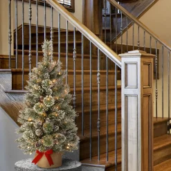 Clearance National Tree Company Pre-Lit Artificial Mini Christmas Tree, Green, Glittery Bristle Pine, White Led Lights, Flocked With Pine Cones, Frosted Branches, Includes Cloth Bag Base, 3 Feet