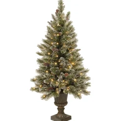Flash Sale National Tree Company Pre-Lit Artificial Mini Christmas Tree, Green, Glittery Bristle Pine, White Led Lights, Flocked With Pine Cones, Frosted Branches, Includes Decorative Urn Base, 4 Feet
