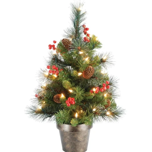 Outlet National Tree Company Pre-Lit Artificial Mini Christmas Tree, Green, Crestwood Spruce, White Lights, Decorated With Pine Cones, Berry Clusters, Frosted Branches, Includes Pot Base, 2 Feet