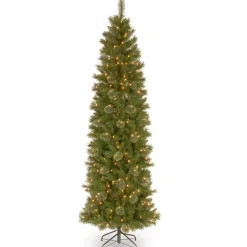 Outlet National Tree Company Pre-Lit Artificial Slim Christmas Tree, Tacoma Pine, Green, White Lights, Includes Stand, 9 Feet
