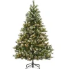Hot National Tree Company Pre-Lit Artificial Slim Christmas Tree, Green, Glittery Bristle Pine, White Lights, Flocked With Pine Cones, Frosted Branches, Includes Stand, 6.5 Feet