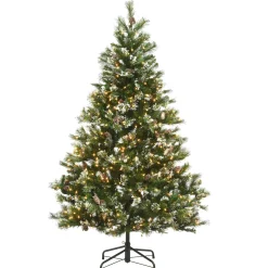 Hot National Tree Company Pre-Lit Artificial Slim Christmas Tree, Green, Glittery Bristle Pine, White Lights, Flocked With Pine Cones, Frosted Branches, Includes Stand, 6.5 Feet