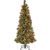 New National Tree Company Pre-Lit Artificial Slim Christmas Tree, Glittering Pine, Green, Multicolor Lights, Decorated With Pine Cones, Ball Ornaments, Includes Stand, 5 Feet