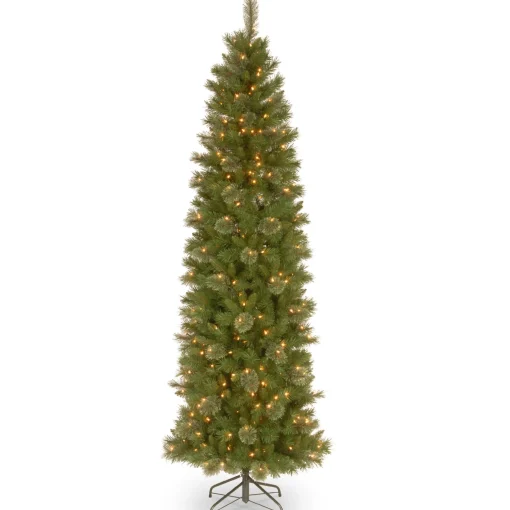 Pre-Lit Artificial Slim Christmas Tree, Tacoma Pine, Green, White Lights, Includes Stand, 9 Feet^National Tree Company Cheap
