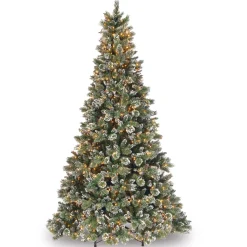 Discount National Tree Company Pre-Lit Artificial Slim Christmas Tree, Green, Glittery Bristle Pine, White Lights, Flocked With Pine Cones, Frosted Branches, Includes Stand, 9 Feet