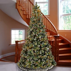 Discount National Tree Company Pre-Lit Artificial Slim Christmas Tree, Green, Glittery Bristle Pine, White Lights, Flocked With Pine Cones, Frosted Branches, Includes Stand, 9 Feet