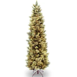 Hot National Tree Company Pre-Lit Artificial Slim Christmas Tree, Green, Carolina Pine, White Lights, Includes Stand, 6.5 Feet