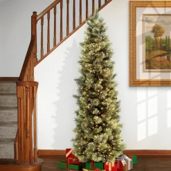 Hot National Tree Company Pre-Lit Artificial Slim Christmas Tree, Green, Carolina Pine, White Lights, Includes Stand, 6.5 Feet