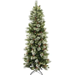 Store National Tree Company Pre-Lit Artificial Slim Christmas Tree, Wintry Pine, Green, White Lights, Decorated With Pine Cones, Includes Stand, 7.5 Feet