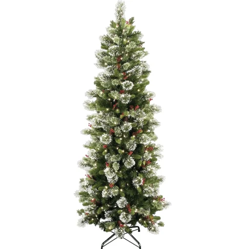 Store National Tree Company Pre-Lit Artificial Slim Christmas Tree, Wintry Pine, Green, White Lights, Decorated With Pine Cones, Includes Stand, 7.5 Feet