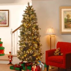 Store National Tree Company Pre-Lit Artificial Slim Christmas Tree, Wintry Pine, Green, White Lights, Decorated With Pine Cones, Includes Stand, 7.5 Feet