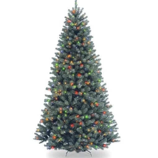 Pre-Lit Artificial Slim Christmas Tree, Blue, North Valley Spruce, Multicolor Lights, Includes Stand, 7.5 Feet^National Tree Company Best
