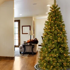 Fashion National Tree Company Pre-Lit Artificial Slim Christmas Tree, Tacoma Pine, Green, White Lights, Includes Stand, 7.5 Feet