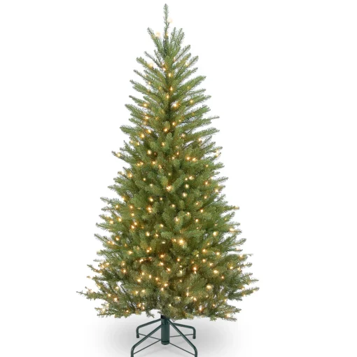 Pre-Lit Artificial Slim Christmas Tree, Green, Dunhill Fir, White Lights, Includes Stand, 4.5 Feet^National Tree Company New