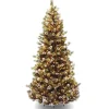 Store National Tree Company Pre-Lit Artificial Slim Christmas Tree, Green, Glittery Bristle Pine, White Lights, Flocked With Pine Cones, Frosted Branches, Includes Stand, 7.5 Feet