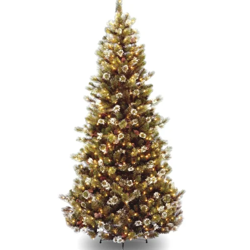 Store National Tree Company Pre-Lit Artificial Slim Christmas Tree, Green, Glittery Bristle Pine, White Lights, Flocked With Pine Cones, Frosted Branches, Includes Stand, 7.5 Feet