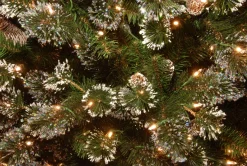 Store National Tree Company Pre-Lit Artificial Slim Christmas Tree, Green, Glittery Bristle Pine, White Lights, Flocked With Pine Cones, Frosted Branches, Includes Stand, 7.5 Feet