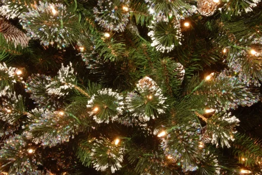 Store National Tree Company Pre-Lit Artificial Slim Christmas Tree, Green, Glittery Bristle Pine, White Lights, Flocked With Pine Cones, Frosted Branches, Includes Stand, 7.5 Feet